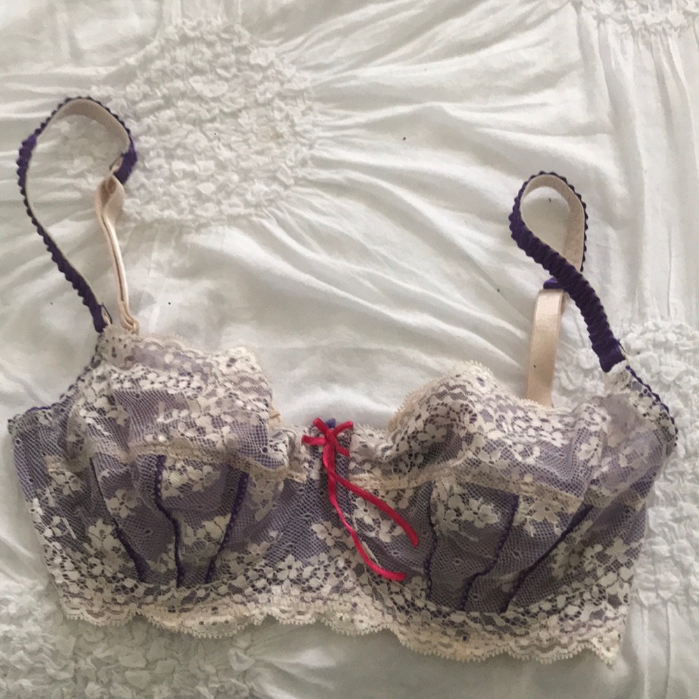 Heidi Klum 30E, 32D purple and white lace bra